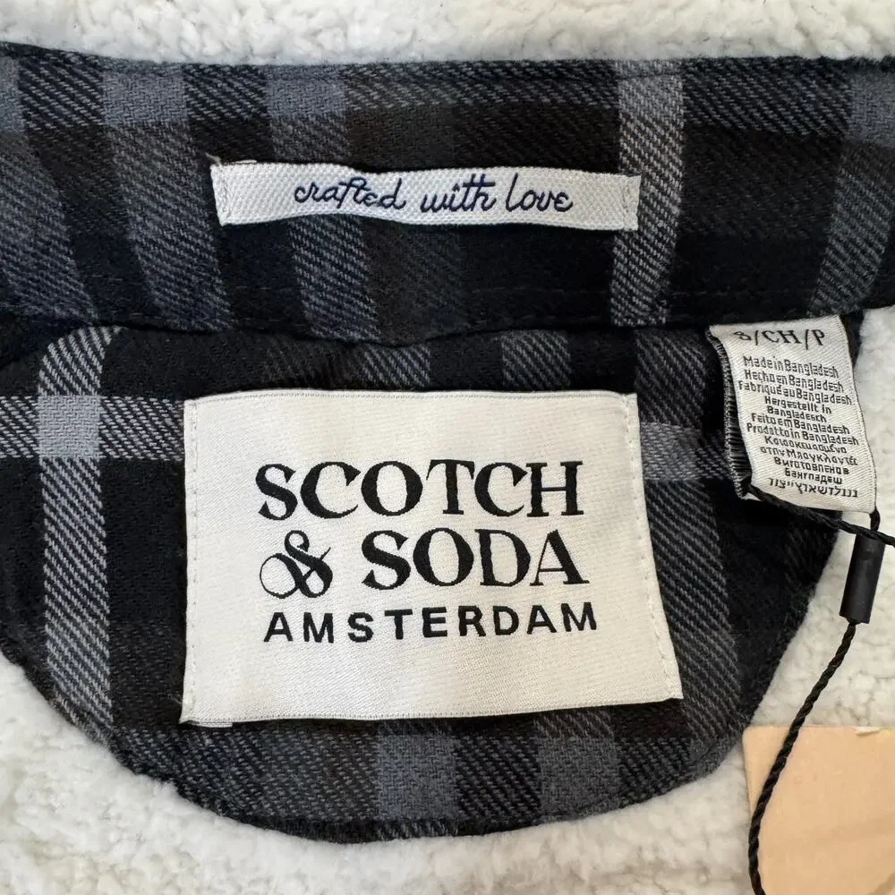 Scotch & Soda Sherpa Lined Plaid Flannel Jacket Gray Men's Small Snaps NWT
